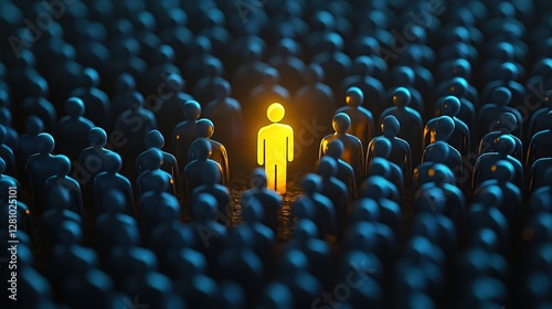 Standing Out: Unique Orange Figure Amidst Uniform Dark Blue Crowd