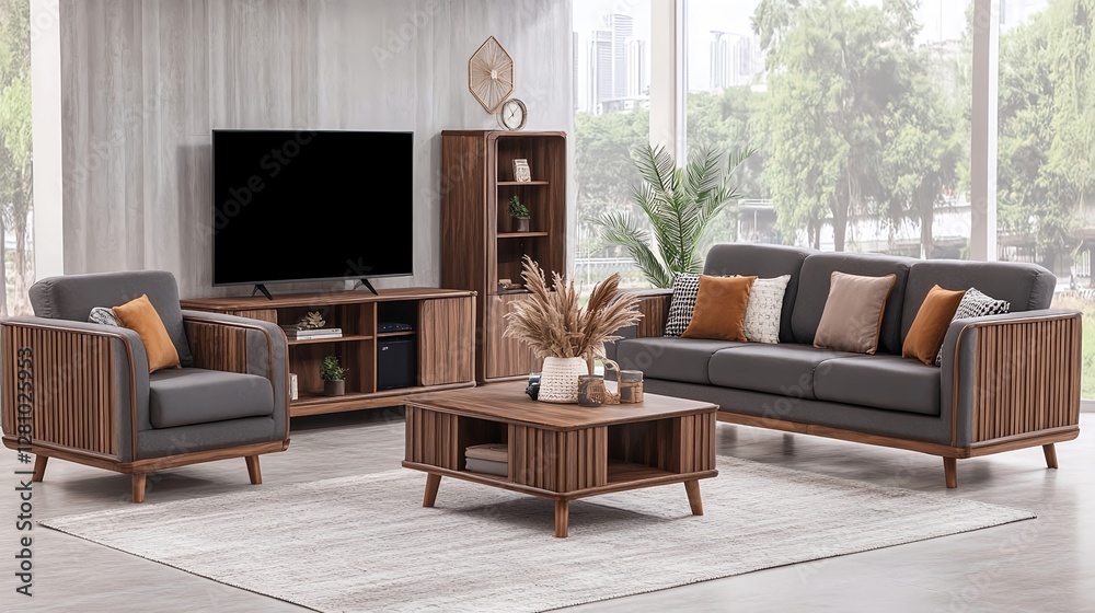 Fototapeta premium Elegant Japandi Living Room Design with Grey Sofa and Wood Cabinet