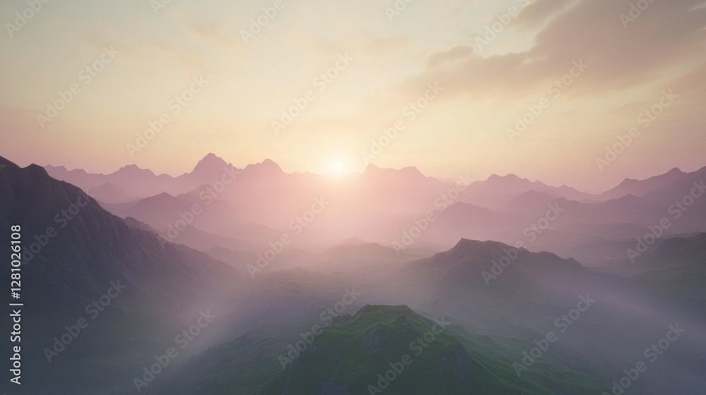 Obraz premium Misty mountain landscape at sunrise with soft pastel colors