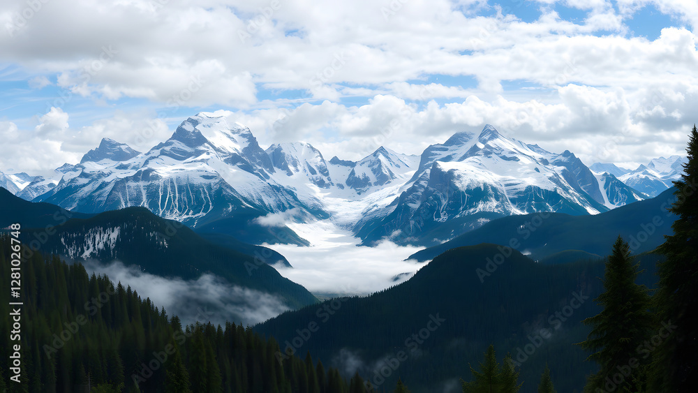 Obraz premium Breathtaking snowy mountain landscape with pine trees, blue sky, and clouds, perfect for winter adventure and travel photography