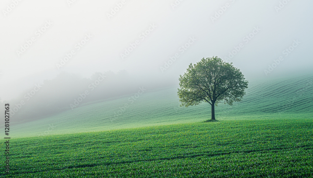 Global economic recovery. solitary tree stands in misty green field, evoking tranquility and peace Global economic recovery. solitary tree stands in misty green field, evoking tranquility and peace