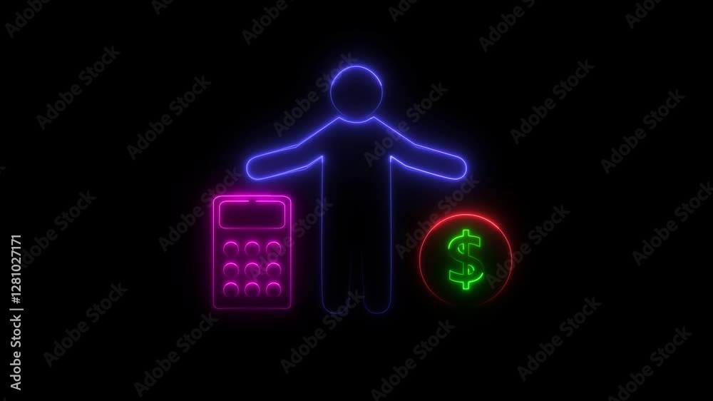 Neon accounting icon, Business calculation icon, Businessmen with calculator icon. Business concept glowing animation on black background.