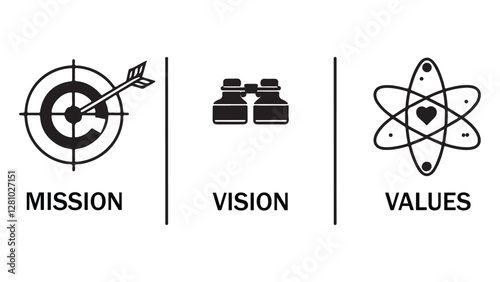 Vision, mission and values editable stroke outline icons set isolated on white background vector silhouette