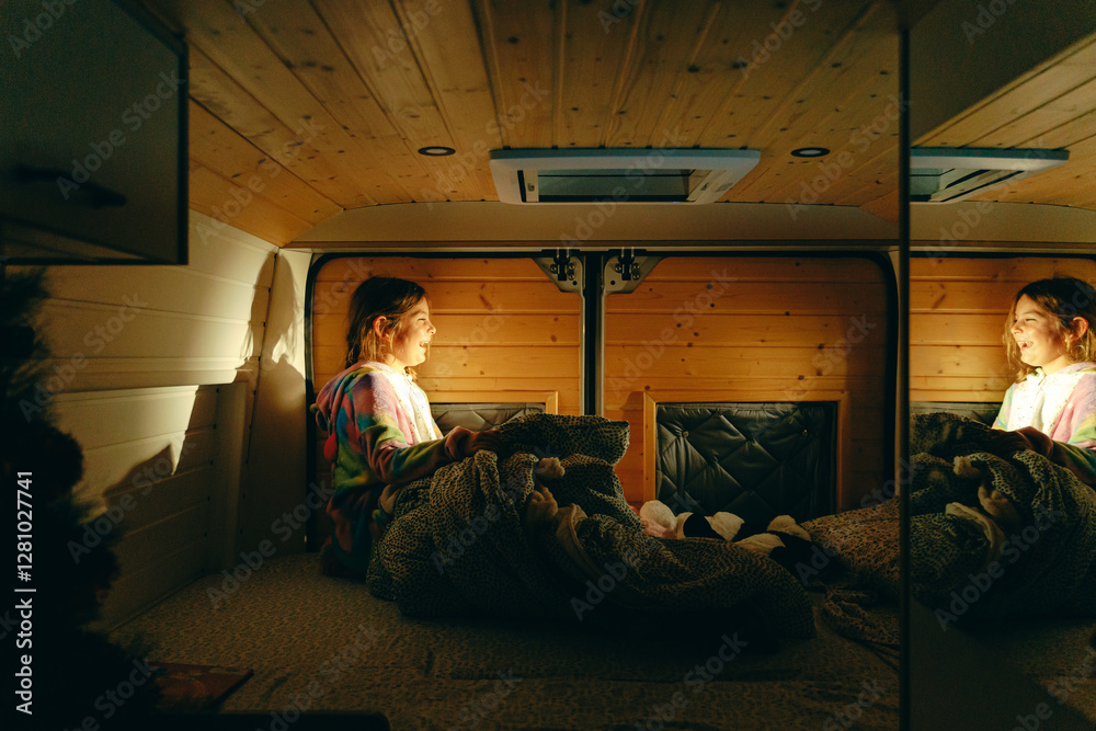 Naklejka premium Young caucasian female child girl relaxing in cozy wooden camper interior with soft lighting and blanket. Spain Square, Plaza de Espana