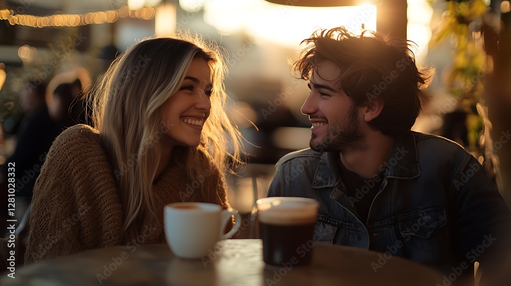 Young Couple Sharing Coffee and Smiling in Sunlight at Outdoor Cafe