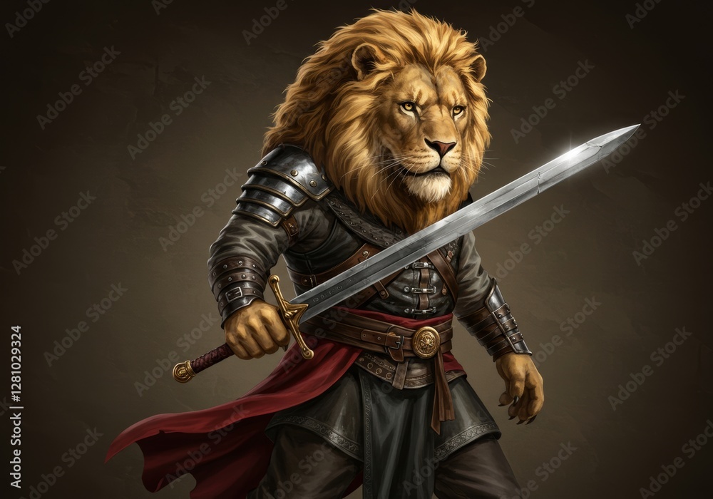 Fototapeta premium Regal lion warrior wielding sword in medieval armor stance