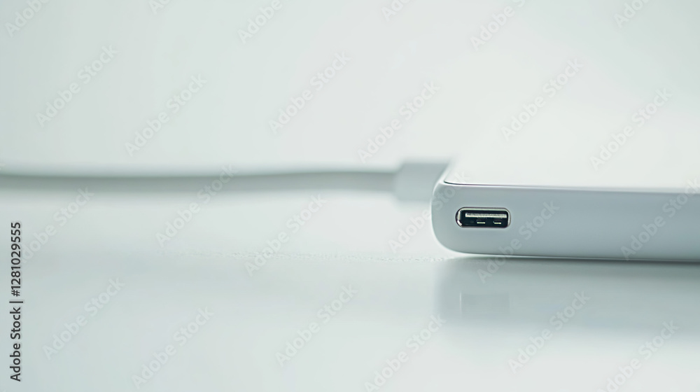 Fototapeta premium Close up of charging cable being stretched, illustrating the tension and strain of modern connectivity and the reliance on technology in daily life.