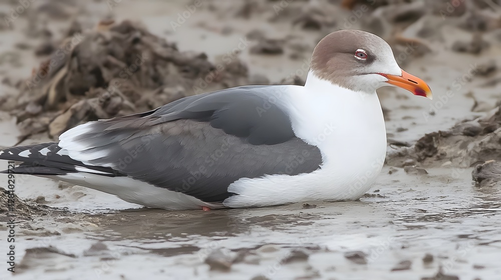 Fototapeta premium Stunning Closeup of a Black-legged Kittiwake Bird in Mud