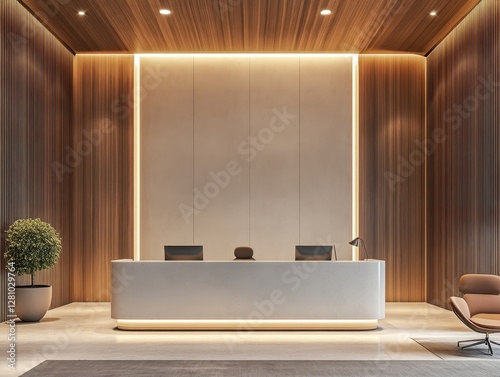Modern reception desk in a well lit wood room