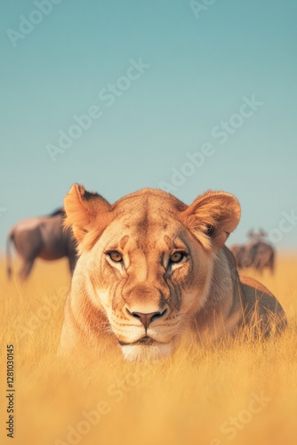 Majestic lioness resting in golden grasslands under clear blue s photo