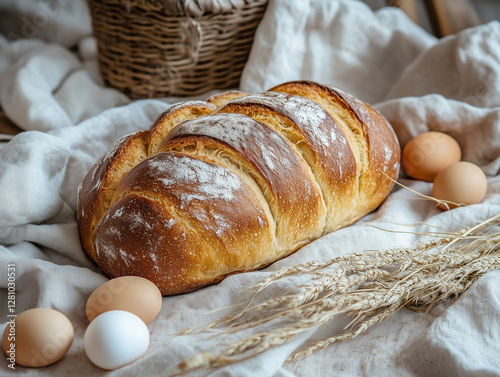 Traditional Easter bread with golden crust and soft texture served with eggs and wheat on linen photo