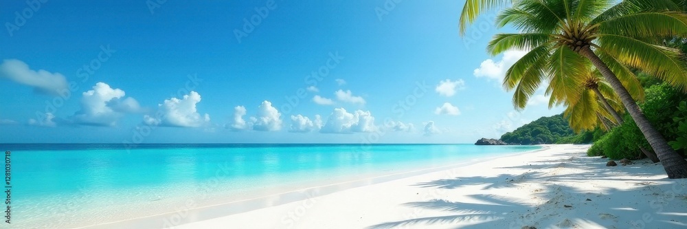 White sand, clear blue water, palm trees silhouette, ocean, calm White sand, clear blue water, palm trees silhouette, ocean, calm
