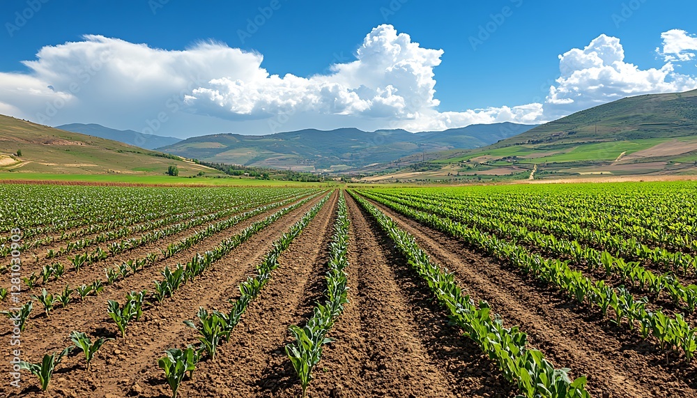 Agricultural field rows under a blue sky Agricultural field rows under a blue sky