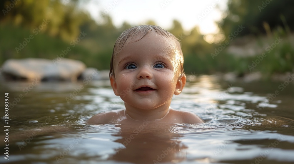 Bubbling with joy, a cheerful baby floats in gentle waters, gazing upward at the bright sky. Surrounding greenery sparkles in the sunlight, creating a delightful atmosphere of nature and innocence Bubbling with joy, a cheerful baby floats in gentle waters, gazing upward at the bright sky. Surrounding greenery sparkles in the sunlight, creating a delightful atmosphere of nature and innocence