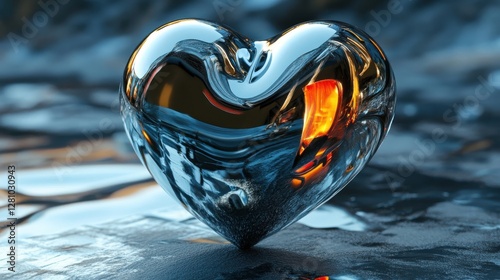 Molten Metal Heart Reflects Fiery Glow