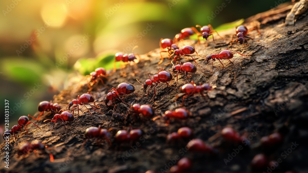 Army of ants in motion on tree bark at sunrise in natural habitat