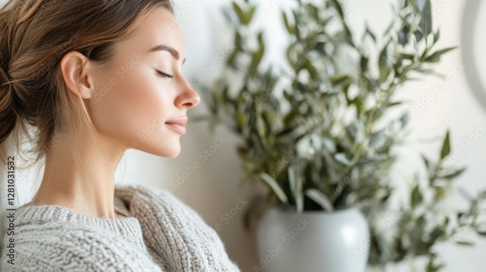Young adult female relaxing in cozy sweater by indoor plant Young adult female relaxing in cozy sweater by indoor plant