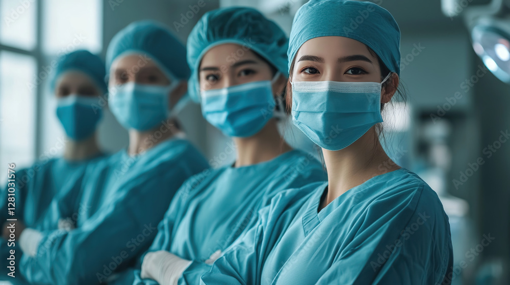 Medical doctor ER team, surgeon and anesthetist on medical clinic room background for emergency nursing care professional teamwork and patient trust in hospital's hospitality concept