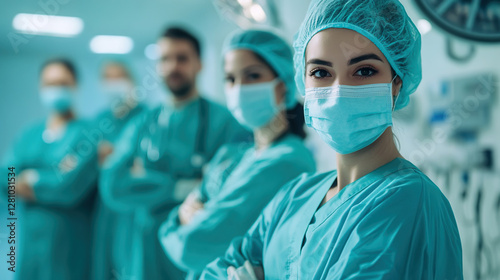 Medical doctor ER team, surgeon and anesthetist on medical clinic room background for emergency nursing care professional teamwork and patient trust in hospital's hospitality concept