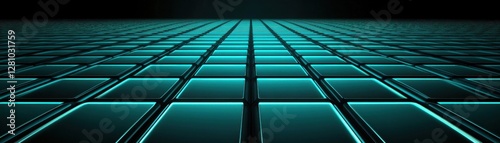 A futuristic grid of glowing tiles stretches into the distance, creating a digital landscape with a dark background.