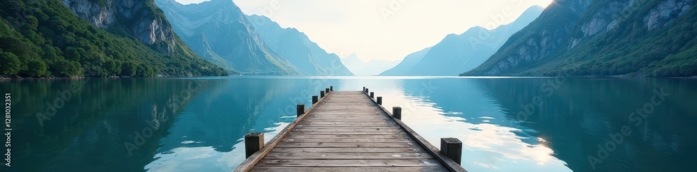 Fototapeta premium Old wooden pier extends into fjord, majestic mountains backdrop , Norway, winter