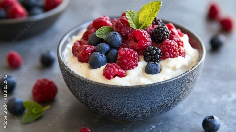 Fresh berries on creamy yogurt in dark bowl with mint garnish on gray surface Fresh berries on creamy yogurt in dark bowl with mint garnish on gray surface