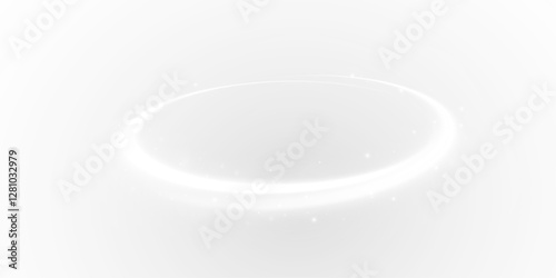 Luminous Circular Light Trail Hovering in a Foggy White Space, Radiating Elegance and Mystery with a Futuristic Glow, Representing Cosmic Motion and Timeless Energy Flow
