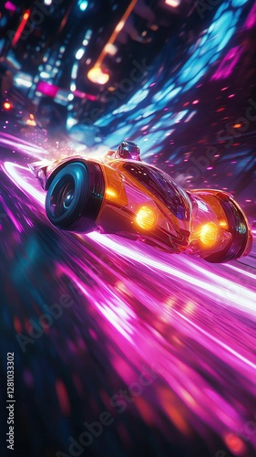 Cartoon character of Shin Hwa Fast futuristic car racing through neon lights.