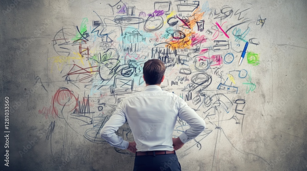 Business professional analyzes creative ideas on a wall covered with colorful sketches in a modern workspace Business professional analyzes creative ideas on a wall covered with colorful sketches in a modern workspace
