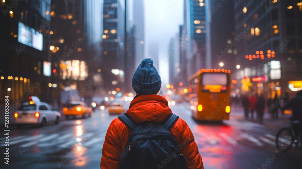 Fototapeta premium A person in an orange jacket and blue beanie stands on a city street, surrounded by tall buildings