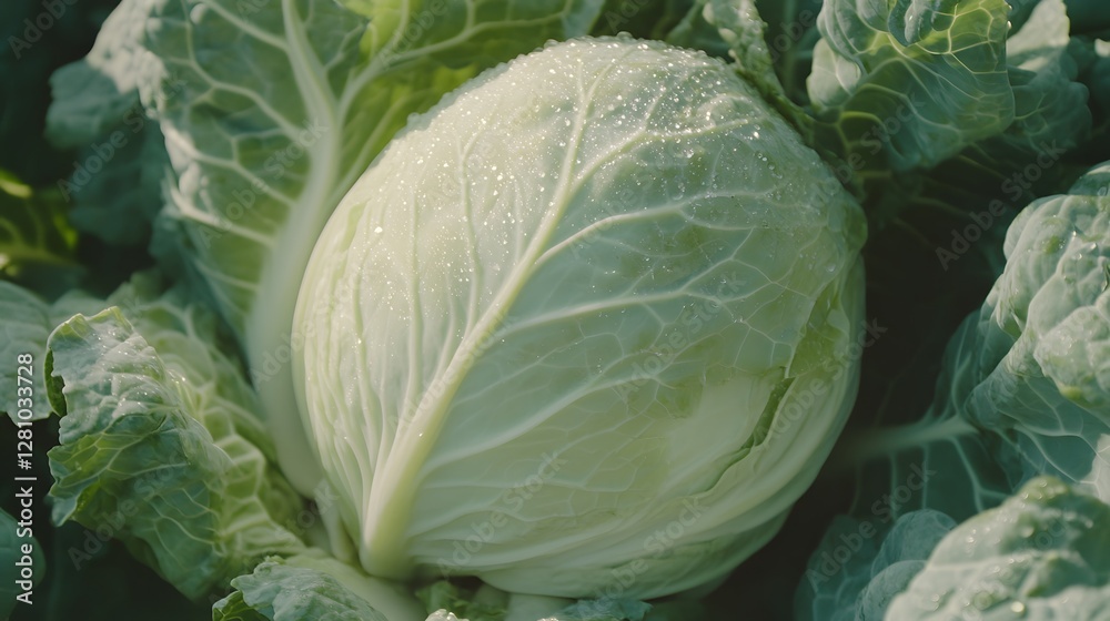 Obraz premium Fresh Green Cabbage Head in Garden Dew Drops