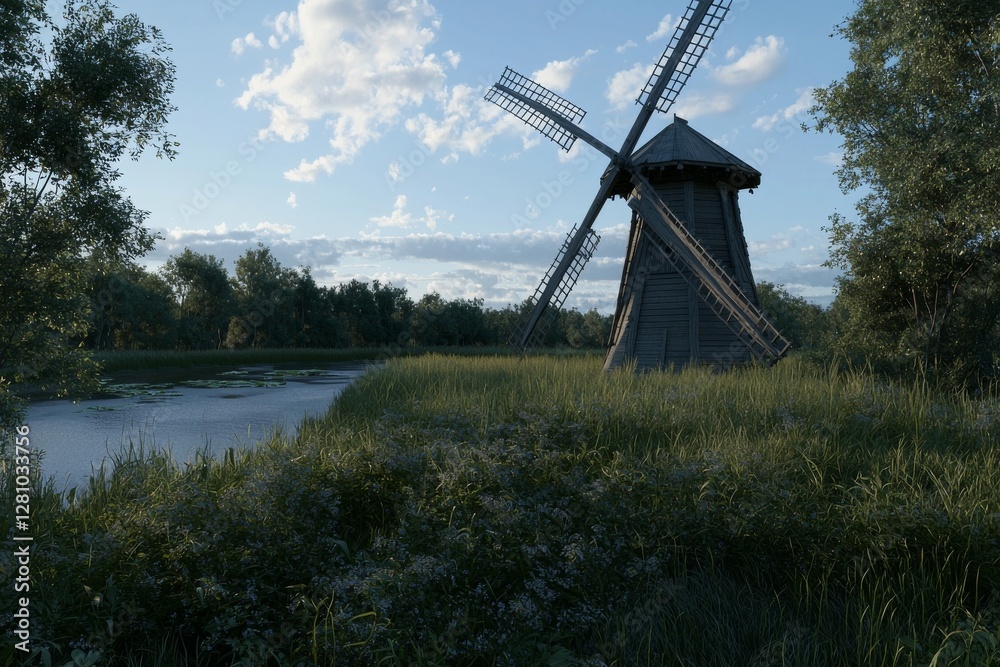 Fototapeta premium A traditional wooden windmill stands in a lush green field filled with chamomiles under a clear sky, symbolizing an ecology concept
