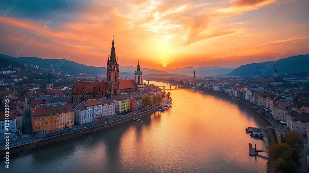 Obraz premium European City Sunset River Panoramic