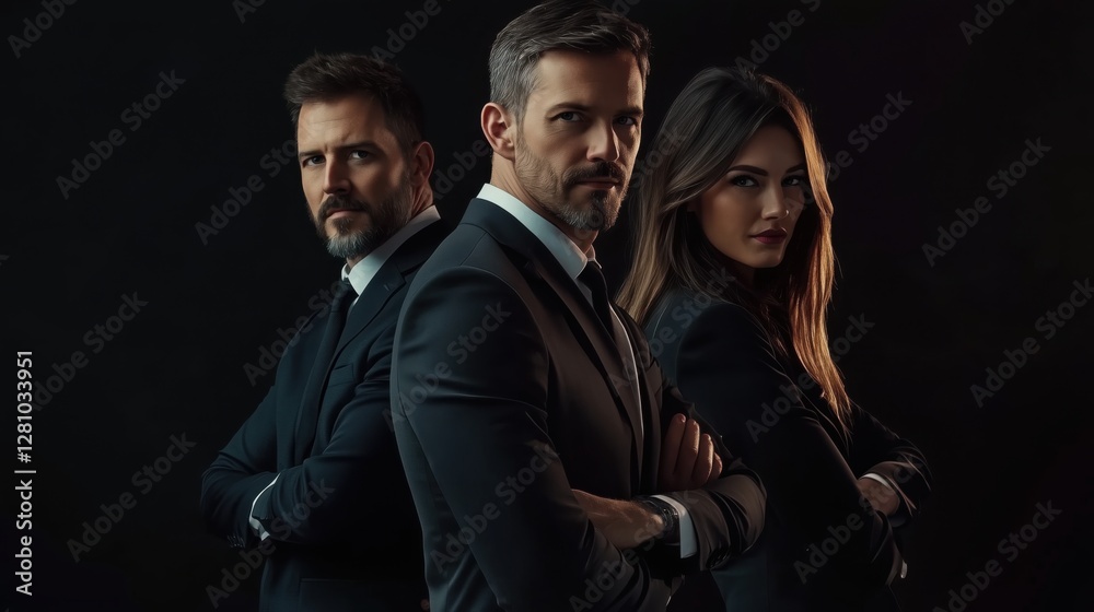 Three professionals in formal attire posing confidently against a dark background during an intimate portrait session Three professionals in formal attire posing confidently against a dark background during an intimate portrait session