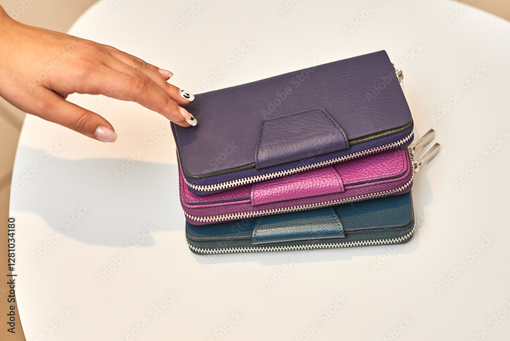 Vibrant, colorful wallets with zippers arranged on table, woman reaching for purple accessory, fashion style concept