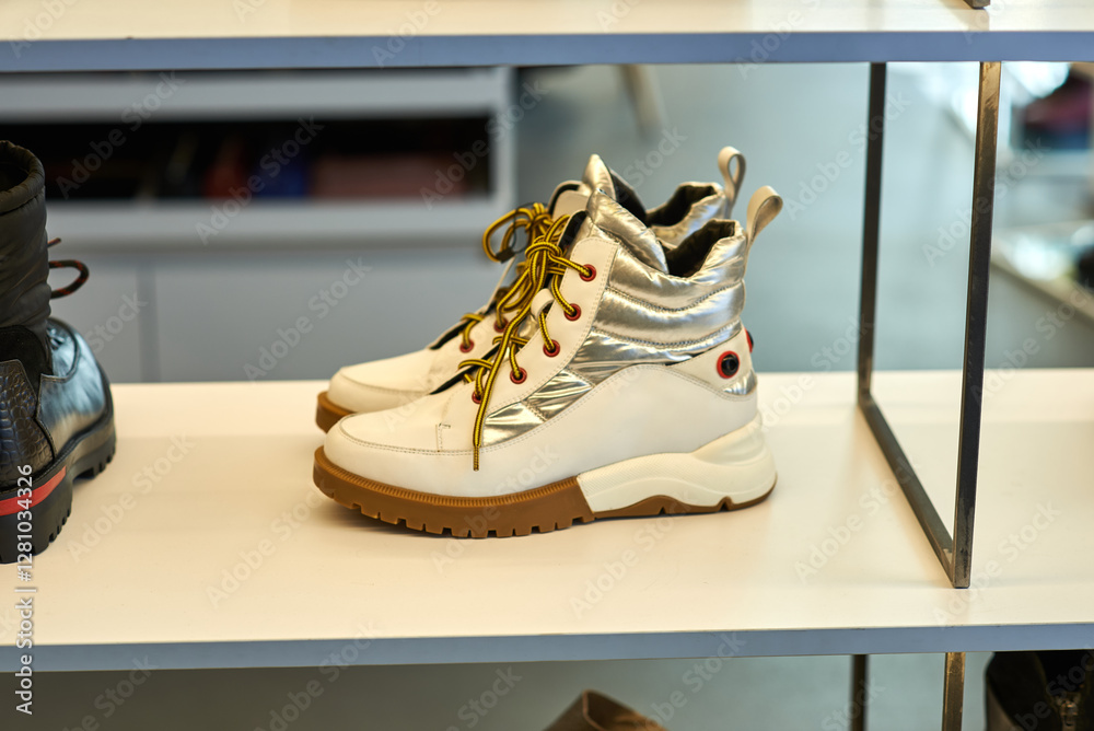 Stylish white winter boots with metallic accents and yellow laces on display shelf in store environment, footwear fashion concept