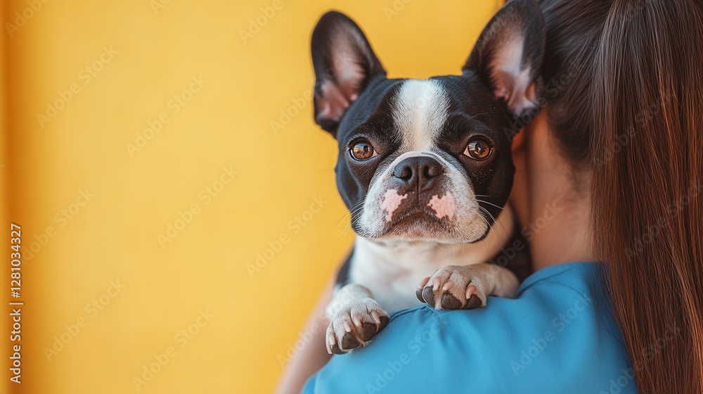 French bulldog embraced by young asian female against bright yellow background. French bulldog embraced by young asian female against bright yellow background.