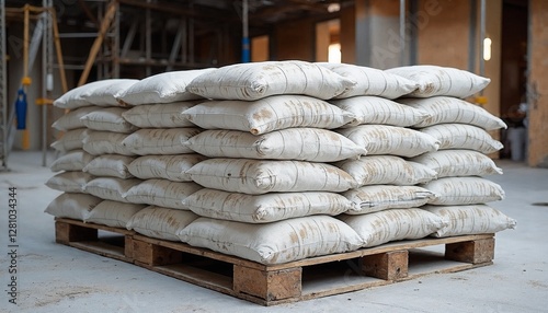 Heavy-duty pallet loaded with wrapped cement bags on a concrete floor at an active construction site