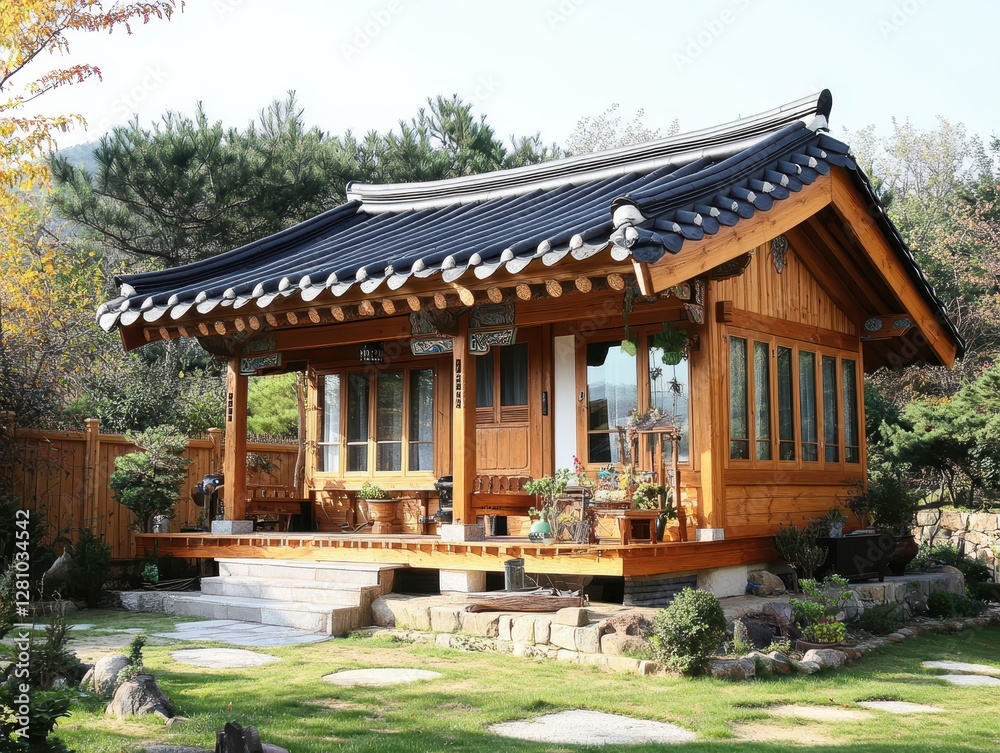 Obraz premium A traditional Korean building is shown in a scenic landscape
