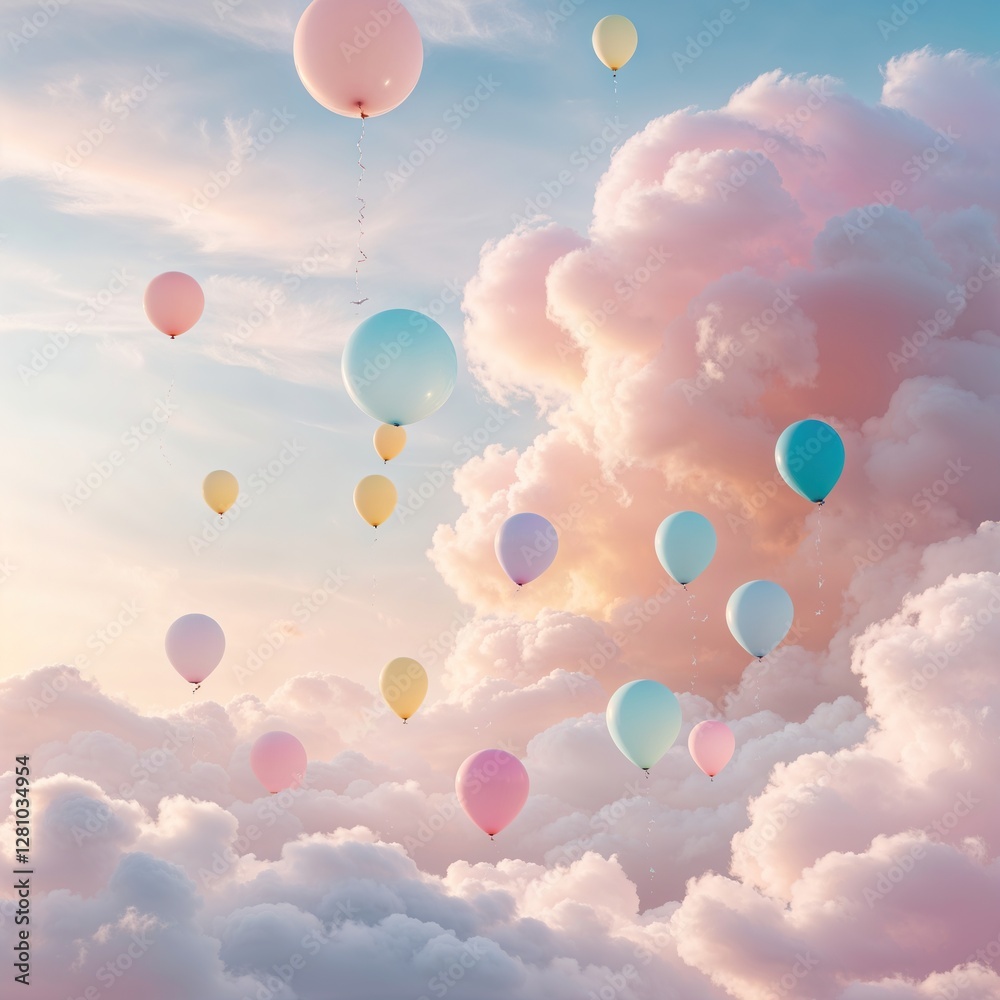 Fototapeta premium Soft pastel balloons drift among fluffy clouds, creating a whimsical atmosphere against a tranquil sunset sky decorated with soft pink and blue hues