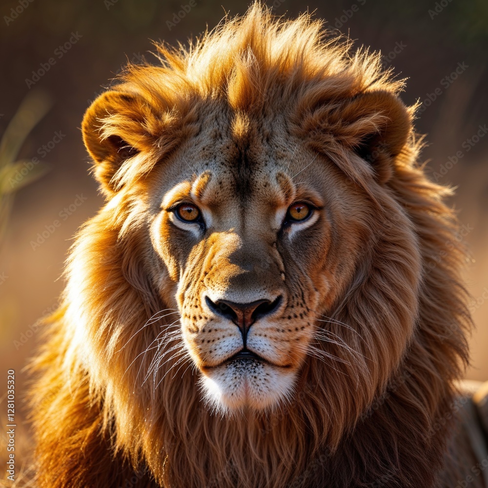 Naklejka premium A proud lion with a thick, luxurious mane rests confidently in the tall grass of the savannah. Sunlight highlights its features, showcasing its fierce yet calm demeanor