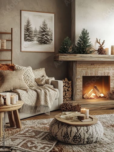 A cozy winter scene shows a warm living room setup