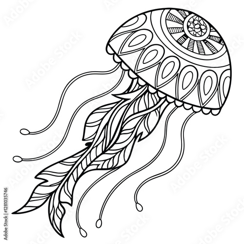 Detailed Jellyfish Coloring Page: Intricate Zentangle Style Illustration of a Marine Animal for Relaxation and Creative Fun