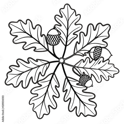 Oak Leaf and Acorn Illustration: Detailed Black and White Line Art of Autumn Foliage for Coloring Pages and Botanical Designs