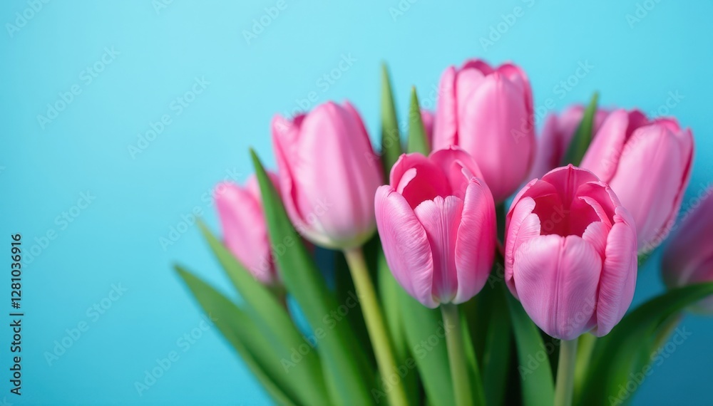 A cluster of pink tulips against a blue background , stem, pink A cluster of pink tulips against a blue background , stem, pink