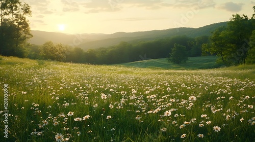 Secluded Appalachian meadow with blooming wildflowers lush greenery peaceful scene