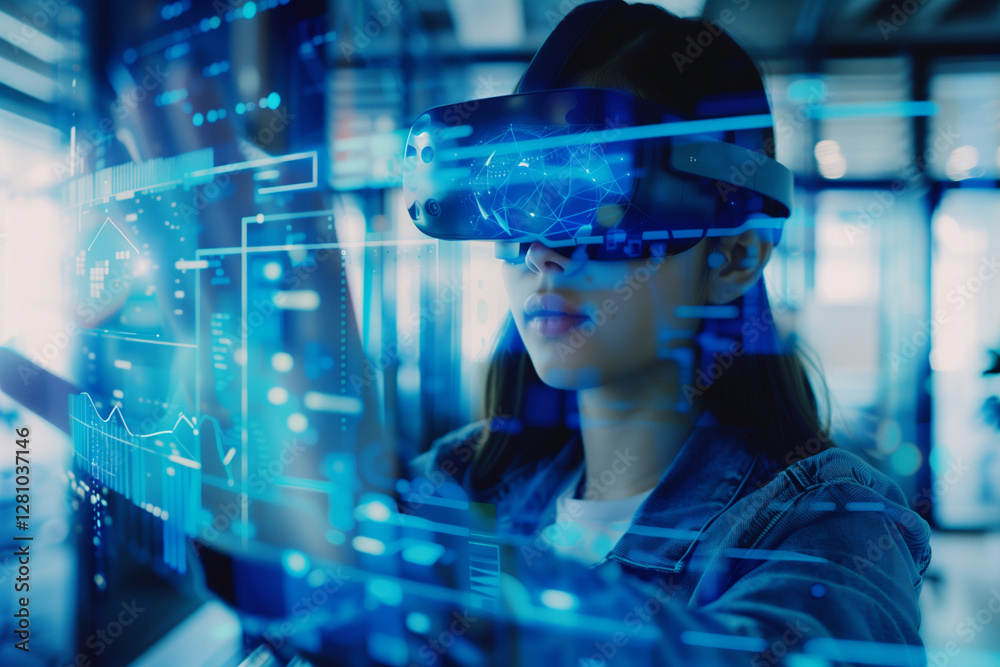 School Student in Classroom Using VR Headset with AI and Machine Learning Technology. Interactive Education, Smart Innovation, and AI Hologram Integration in Learning School Student in Classroom Using VR Headset with AI and Machine Learning Technology. Interactive Education, Smart Innovation, and AI Hologram Integration in Learning