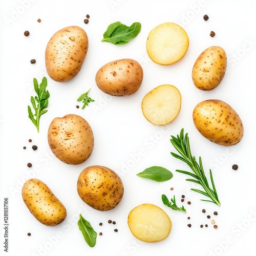 Wallpaper Mural Fresh potatoes and herbs on white background. Torontodigital.ca