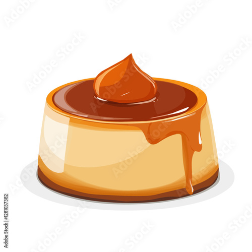 Flat vector caramel flan, minimalist design, isolated on a white background.

