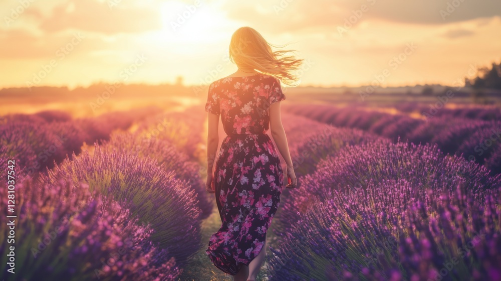 Fototapeta premium Woman walks through lavender field during sunset in a picturesque landscape with vibrant flowers and a warm sky